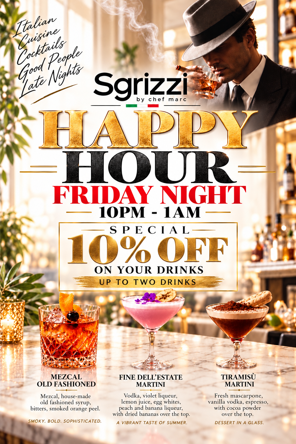 Sgrizzi Friday Night Happy Hour flyer with signature cocktails